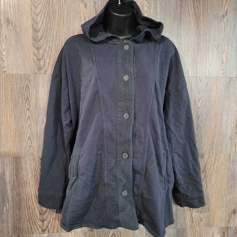 Pure Jill Organic Cotton Hoodie XL Blue Black Button Front Gauze Trim Lagenlook
